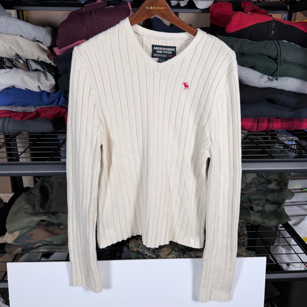 Abercrombie Fitch Womens Cream V Neck Ribbed Sweater Long Sleeve Size M